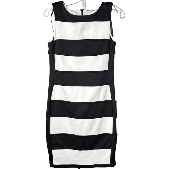 Calvin Klein Women’s Size 4 Sleeveless Striped Colorblock Sheath Dress Black Wht - Picture 3 of 9